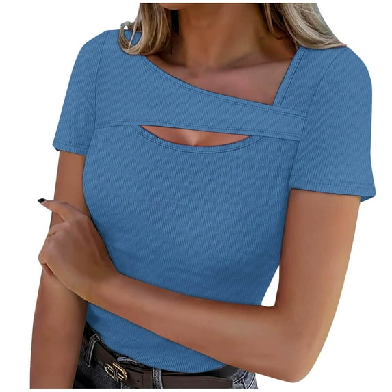 Olyvenn Womens Summer Tops Short Sleeve Shirts for Women Sexy Tops Y2K Shirts One Piece Cutout Tops Cute Trendy Tees Tops Blue XL