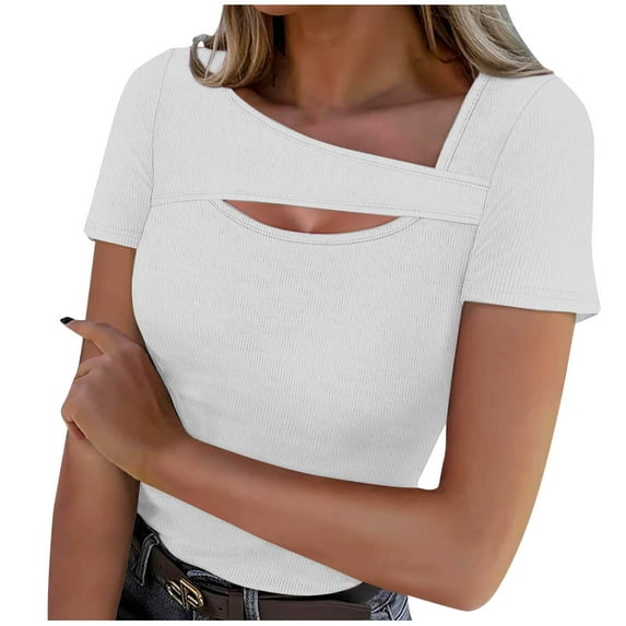 Olyvenn Womens Summer Tops Short Sleeve Shirts for Women Sexy Tops Y2K Shirts One Piece Cutout Tops Cute Trendy Tees Tops White S