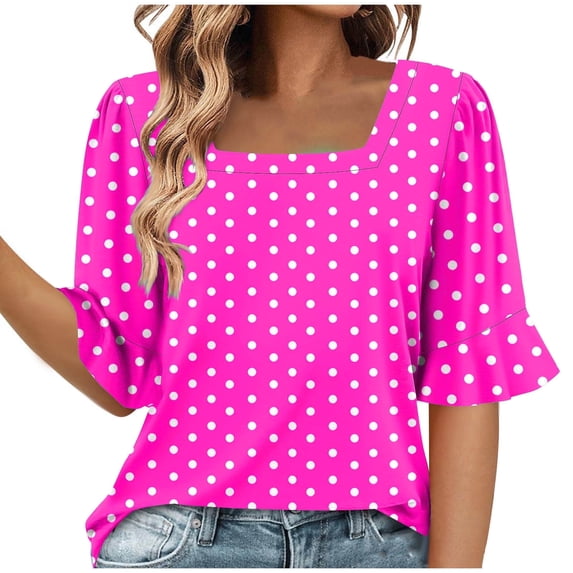 Olyvenn Womens Summer Tops Trendy 3/4 Sleeve Shirts Casual Crew Neck Ruffle Sleeve T Shirts Boho Beach Vacation Blouses Hot Pink M