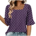 thumbnail image 1 of Olyvenn Womens Summer Tops Trendy 3/4 Sleeve Shirts Casual Crew Neck Ruffle Sleeve T Shirts Boho Beach Vacation Blouses Purple S, 1 of 6