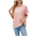 thumbnail image 1 of Olyvenn Womens Summer Tops Trendy Dressy Solid Color Blouses Short Sleeves Crew Neck Loose Fit Lightweight Business Shirts Pink 6, 1 of 3