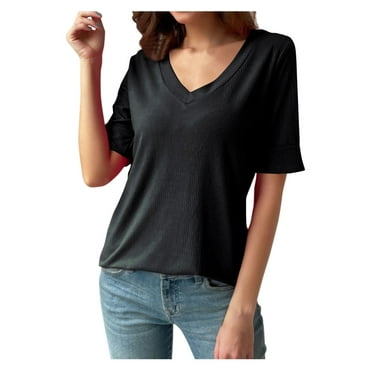 Olyvenn Womens Summer Tops V-Neck Pit Stripe T-Shirt Tops Dressy Casual Basic Tee Tops Loose Comfy Short Sleeve Shirts Black 12