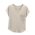 thumbnail image 1 of Olyvenn Womens Summer Tops V Neck Short Sleev Shirts Casual Loose Basic Tee 2025 Summer Clothes Outfits with Chest Pockets Beige 6, 1 of 8