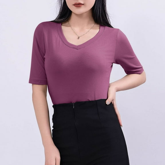 Olyvenn Womens Summer Tops V Neck Short Sleeve Loose Basic Tee Shirts Casual Comfy Stretch Solid Color Trendy Vacation Clothes Purple M