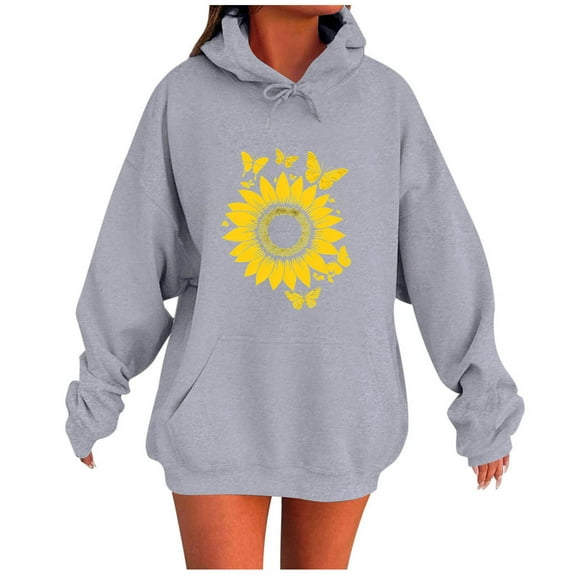 Olyvenn Womens Sunflower Sweatshirts Graphic Hoodie for Women Sunflower and Butterfly Shirt Long Sleeve Pullover Tops Gray XL