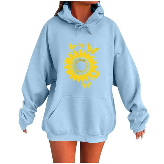 Olyvenn Womens Sunflower Sweatshirts Graphic Hoodie for Women Sunflower and Butterfly Shirt Long Sleeve Pullover Tops Light Blue XL