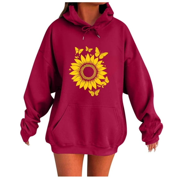 Olyvenn Womens Sunflower Sweatshirts Graphic Hoodie for Women Sunflower and Butterfly Shirt Long Sleeve Pullover Tops Red XL