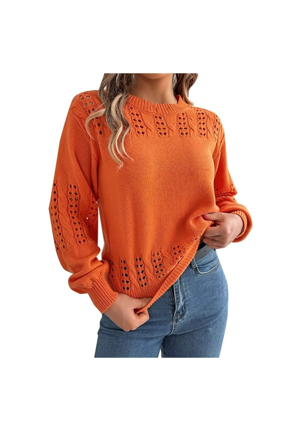 Womens Sweaters Crew Neck Long Sleeve Pullover Fashion Hollow Knitted Tops Baggy Tunic Light Knitwear Fall Outfits Orange M