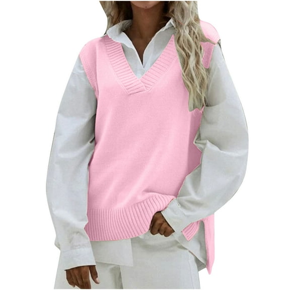 Olyvenn Womens Sweaters Fashion V Neck Womens Suit Warm Split Cotton Vest Casual Wedding Blazer Set Sleeveless Jackets Retro Solid Color Slim Fit Business Work Office Pink One Size