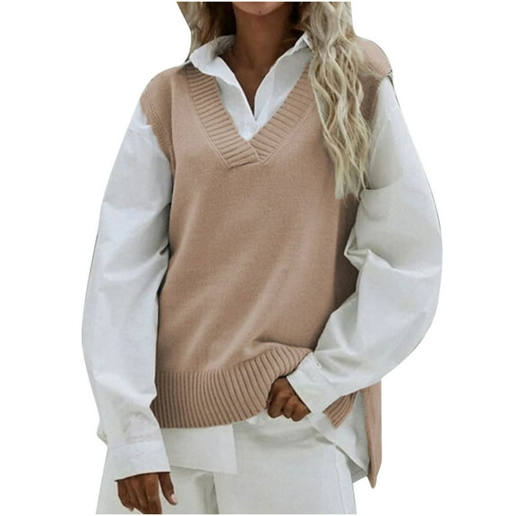 Olyvenn Womens Sweaters Fashion V Neck Womens Suit Warm Split Cotton Vest Casual Wedding Blazer Set Sleeveless Jackets Retro Solid Color Slim Fit Business Work Office Khaki One Size
