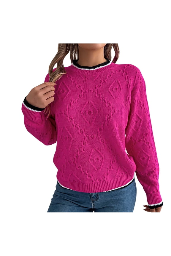 Womens Sweaters Trendy Cable Knit Crewneck Long Sleeve Pullover Fall Winter Warm Basic Jumper Soild Color Sweater Hot Pink L