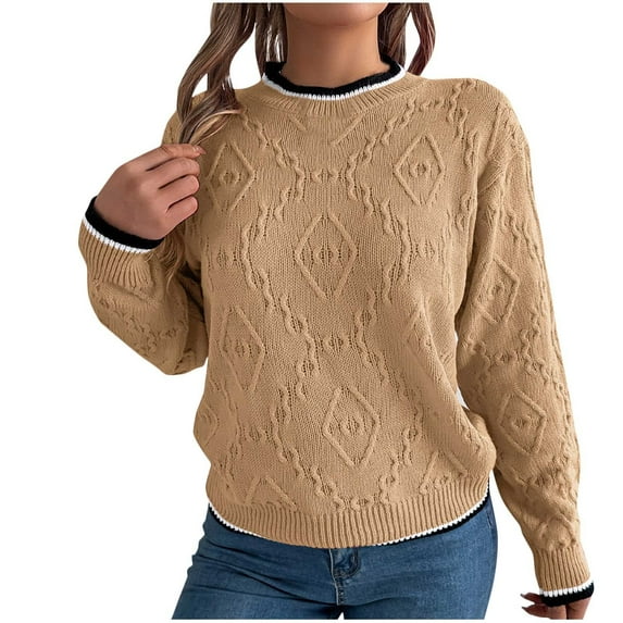Olyvenn Womens Sweaters Trendy Cable Knit Crewneck Long Sleeve Pullover Fall Winter Warm Basic Jumper Soild Color Sweater Khaki XL