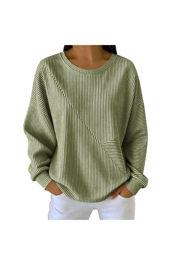 Womens Sweatshirt Crew Neck Diagonal Stripe Patch Dual Side Pocket Drop Shoulder Loose Fit Top for Campus Days Bookstore Visits Army Green M