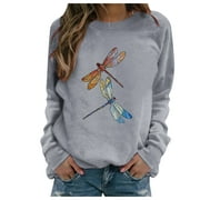 Olyvenn Womens Sweatshirt Pullover Tops for Women Dragonfly Print Womens Plus Loose Casual Long Sleeve Crew Neck Winter Female Outerwear Gray XL