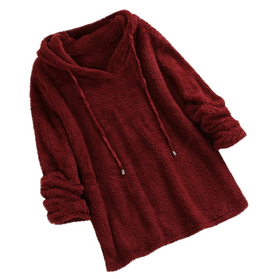 Olyvenn Womens Sweatshirts Tops Plus Size Loose Fashion Womens Warm Plush Drawstring Winter Hooded Solid Long Sleeve Tops For Women 2022