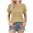 thumbnail image 1 of Olyvenn Womens T Shirts Casual Summer Tops Pleated Crewneck Short Sleeve Blouses Trendy Beach Vacation Clothes Khaki XXL, 1 of 9