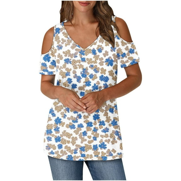Olyvenn Womens T Shirts Cold Shoulder Short Sleeve Tops Dressy Casual Blouses Spring Summer Outfits Flowy Scooped Neck Blue M