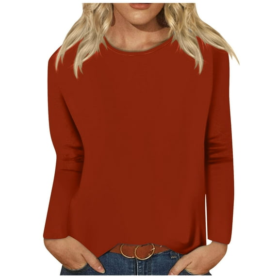 Olyvenn Womens T-Shirts Oversized Tops Trendy Winter Fall Fashion 2023 Round Neck Tees Long Sleeve Blouse Vintage Solid Color Pullover Comfy Loose Fit Casual Relaxed Shirts Orange 8