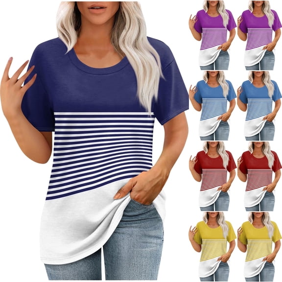 Olyvenn Womens T Shirts Short Sleeve Pleated Dressy Casual Scooped Neck Summer Button Tops Color Block Striped Blouses Dark Blue L