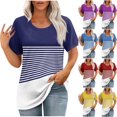 thumbnail image 1 of Olyvenn Womens T Shirts Short Sleeve Pleated Dressy Casual Scooped Neck Summer Button Tops Color Block Striped Blouses Dark Blue L, 1 of 7