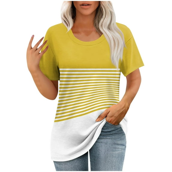 Olyvenn Womens T Shirts Short Sleeve Pleated Dressy Casual Scooped Neck Summer Button Tops Color Block Striped Blouses Yellow XL