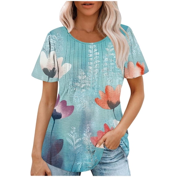 Olyvenn Womens T Shirts Short Sleeve Trendy Floral Pleated Dressy Casual Scooped Neck Summer Fashion Tops Blouses Multicolor L