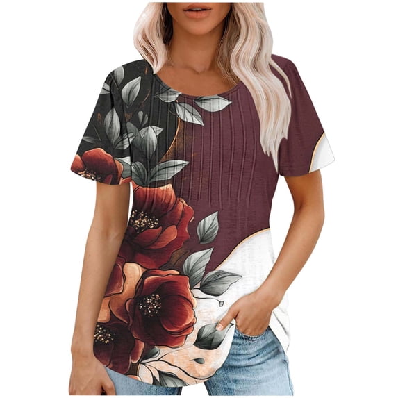 Olyvenn Womens T Shirts Short Sleeve Trendy Floral Pleated Dressy Casual Scooped Neck Summer Fashion Tops Blouses Multicolor XXL