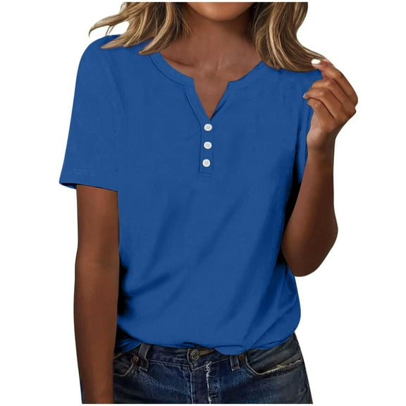 Olyvenn Womens T Shirts V Neck Buttons Down Tops Casual Summer Tees Short Sleeve Loose Fit Fashion Solid Tops Blouses Blue M