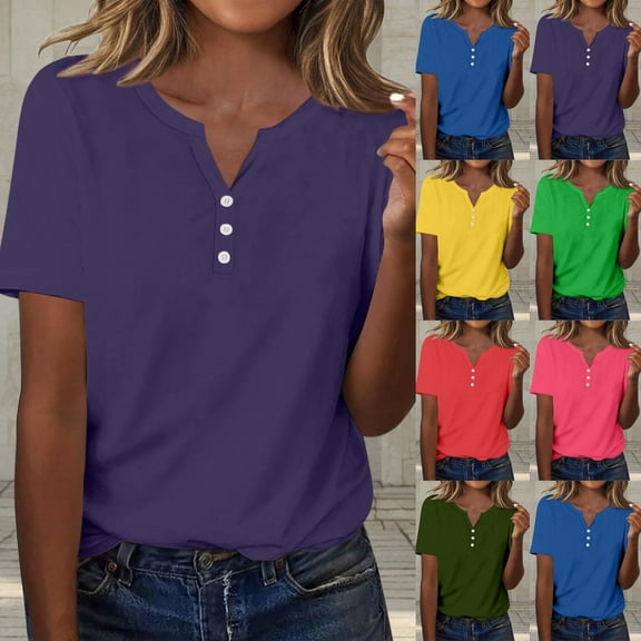 Olyvenn Womens T Shirts V Neck Buttons Down Tops Casual Summer Tees Short Sleeve Loose Fit Fashion Solid Tops Blouses Blue XL