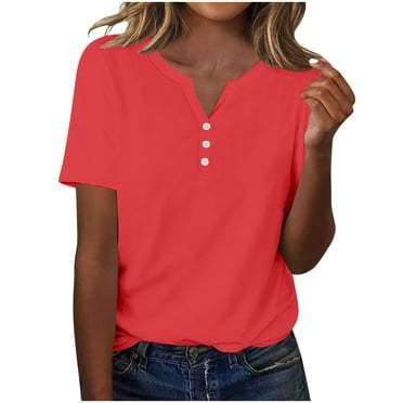Olyvenn Womens T Shirts V Neck Buttons Down Tops Casual Summer Tees Short Sleeve Loose Fit Fashion Solid Tops Blouses Watermelon Red XXXL