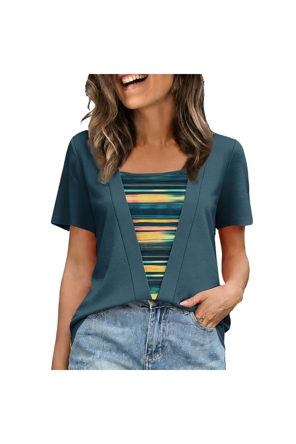 Womens T Shirts V Neck Summer Short/Short Sleeve Cotton Tops Tees 2026 Fashion Flower Printed Blouses Spring/Summer Tee Navy S