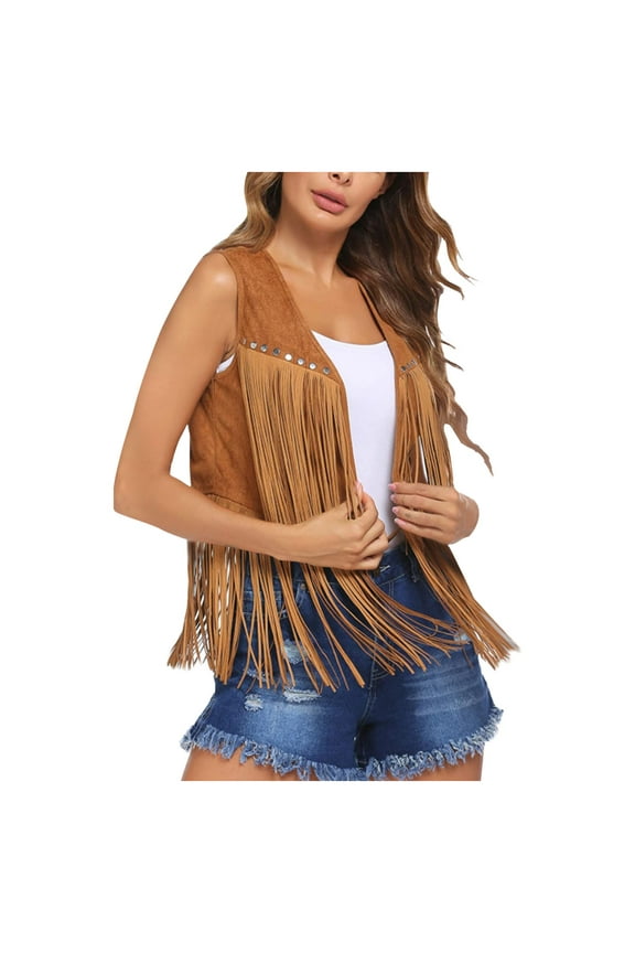 Womens Tank Vest Coat Sleeveless Jackets Retro Solid Slim Fit Business Work Office Fashion V Neck Womens Suit Cropped Cowboy Leather Vest with Tassel Casual Set Yellow 6