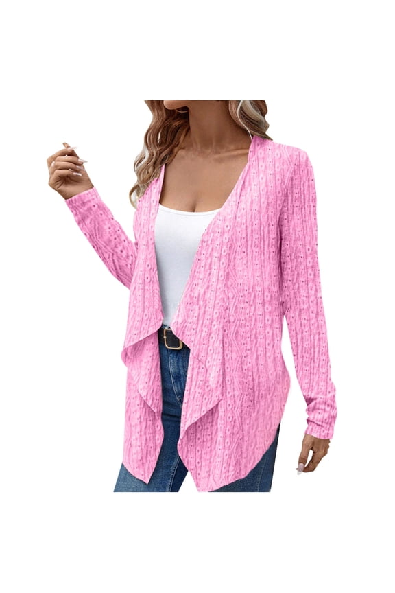 Womens Textured Eyelet Long Sleeve Draped Cardigan, Mid Long Side Split Relaxed Fit for Brunch Dates City Strolls Pink XL