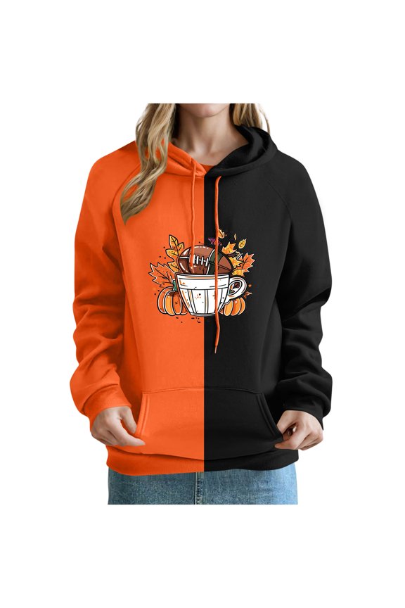 Womens Thanksgiving Coffee Sweatshirt Pumpkin Spice Cup Hoodie Oversized Long Sleeve Color Block Drawstring Pullover Tops Orange L
