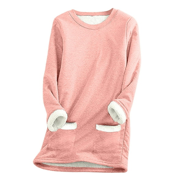 Olyvenn Womens Thickened Fleece Warm T-Shirts Tunic Tops Elegant Stylish Solid Pullover Workout Comfy Loose Fit Casual Shirts Fall Fashion Round Neck Tees Long Sleeve Blouse Pink 10