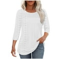 thumbnail image 1 of Olyvenn Womens Tops 3/4 Sleeve Blouses Dressy Casual Fall Sold Color Outfits Front Pleated Tee Eyelets Curved Hem Tunic Tops White S, 1 of 9