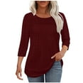 thumbnail image 1 of Olyvenn Womens Tops 3/4 Sleeve Blouses Dressy Casual Fall Sold Color Outfits Front Pleated Tee Eyelets Curved Hem Tunic Tops Wine XXL, 1 of 9