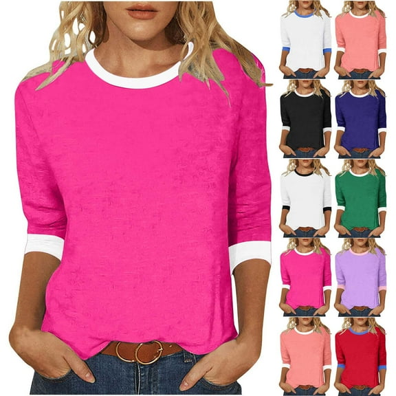 Olyvenn Womens Tops 3/4 Sleeve Shirts Crew Neck Loose Casual Tshirts Trendy 2025 Tunic Tops Color Block Summer Tees Black L