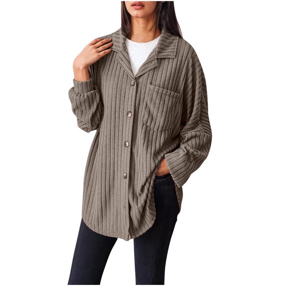 Olyvenn Womens Tops Button Down Shirts Spring Long Sleeve Lapel Neck Jacket Loose Ribbed Knit Work Blouses with Pocket Coffee 10