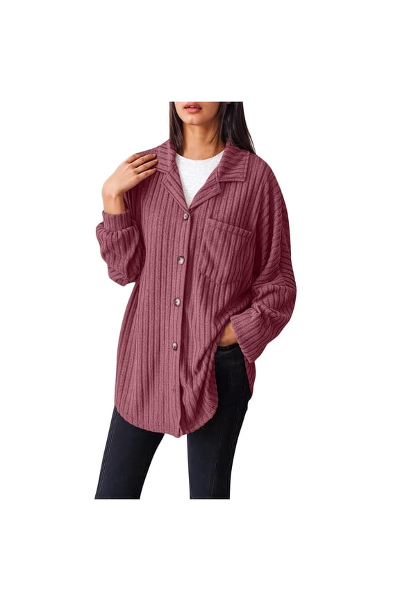 Womens Tops Button Down Shirts Spring Long Sleeve Lapel Neck Jacket Loose Ribbed Knit Work Blouses with Pocket Red 4