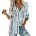 thumbnail image 1 of Olyvenn Womens Tops Casual Plus Size Loose Womens Fashion V Neck Striped Roll Up Sleeve Button Down Blouses Tops With Pocket Shirt For Women 2024 Blue 8, 1 of 6