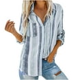 thumbnail image 1 of Olyvenn Womens Tops Casual Plus Size Loose Womens Fashion V Neck Striped Roll Up Sleeve Button Down Blouses Tops With Pocket Shirt For Women 2024 Light Blue 4, 1 of 9