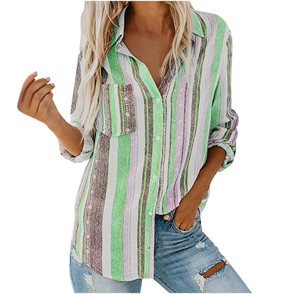 Olyvenn Womens Tops Casual Plus Size Loose Womens Fashion V Neck Striped Roll Up Sleeve Button Down Blouses Tops With Pocket Shirt For Women 2022