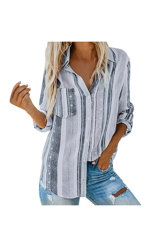Womens Tops Casual Plus Size Loose Womens Fashion V Neck Striped Roll Up Sleeve Button Down Blouses Tops With Pocket Shirt For Women 2022