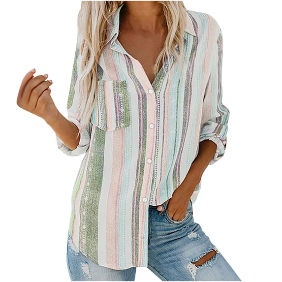 Olyvenn Womens Tops Casual Plus Size Loose Womens Fashion V Neck Striped Roll Up Sleeve Button Down Blouses Tops With Pocket Shirt For Women 2022