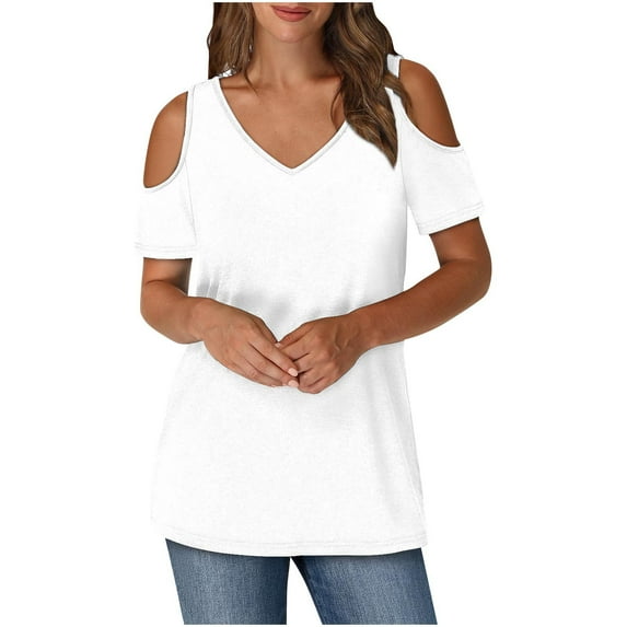 Olyvenn Womens Tops Cold Shoulder Short Sleeve V Neck Tee Shirts Summer Spring Dressy Casual Solid Color Blouse White XL