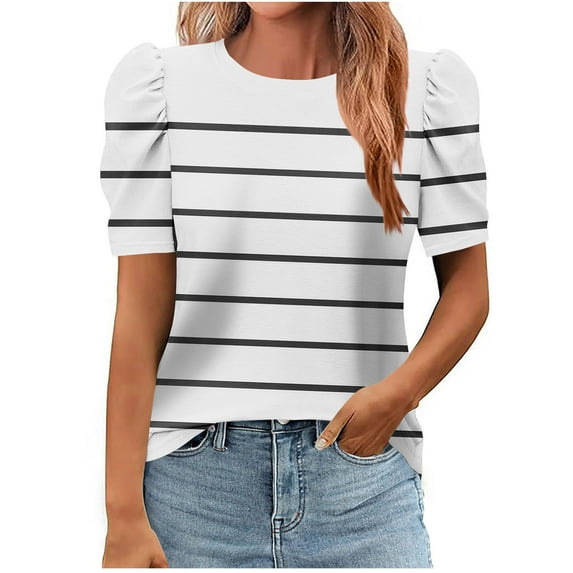 Olyvenn Womens Tops Crew Neck Striped Tshirt Puff Short Sleeve Casual Loose Tees Comfort Colors Tshirt 2025 Summer Outfits White L