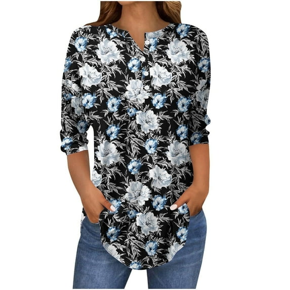 Olyvenn Womens Tops Dressy Casual 3/4 Sleeve Blouses Floral Printed Casual Button Up V Neck Business Work Shirts Multicolor S