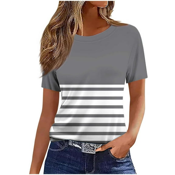 Olyvenn Womens Tops Dressy Casual Summer Short Sleeve T-Shirts Crew Neck Blouses Loose Fit Striped Pattern Clothes Gray M