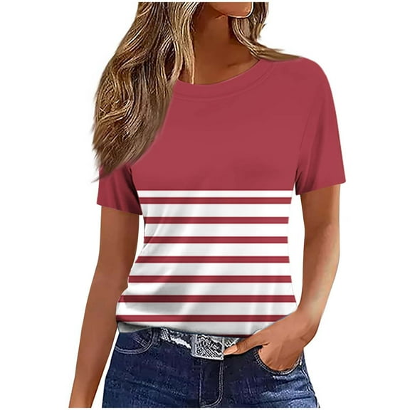 Olyvenn Womens Tops Dressy Casual Summer Short Sleeve T-Shirts Crew Neck Blouses Loose Fit Striped Pattern Clothes Red XL